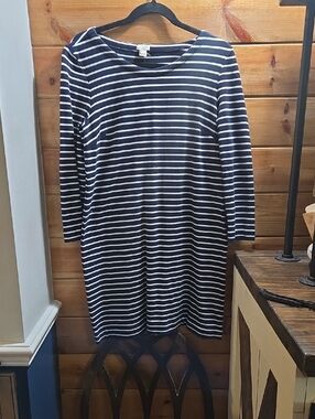 J. Crew Navy and White Striped Long Sleeve Shift Dress Size Small 0451